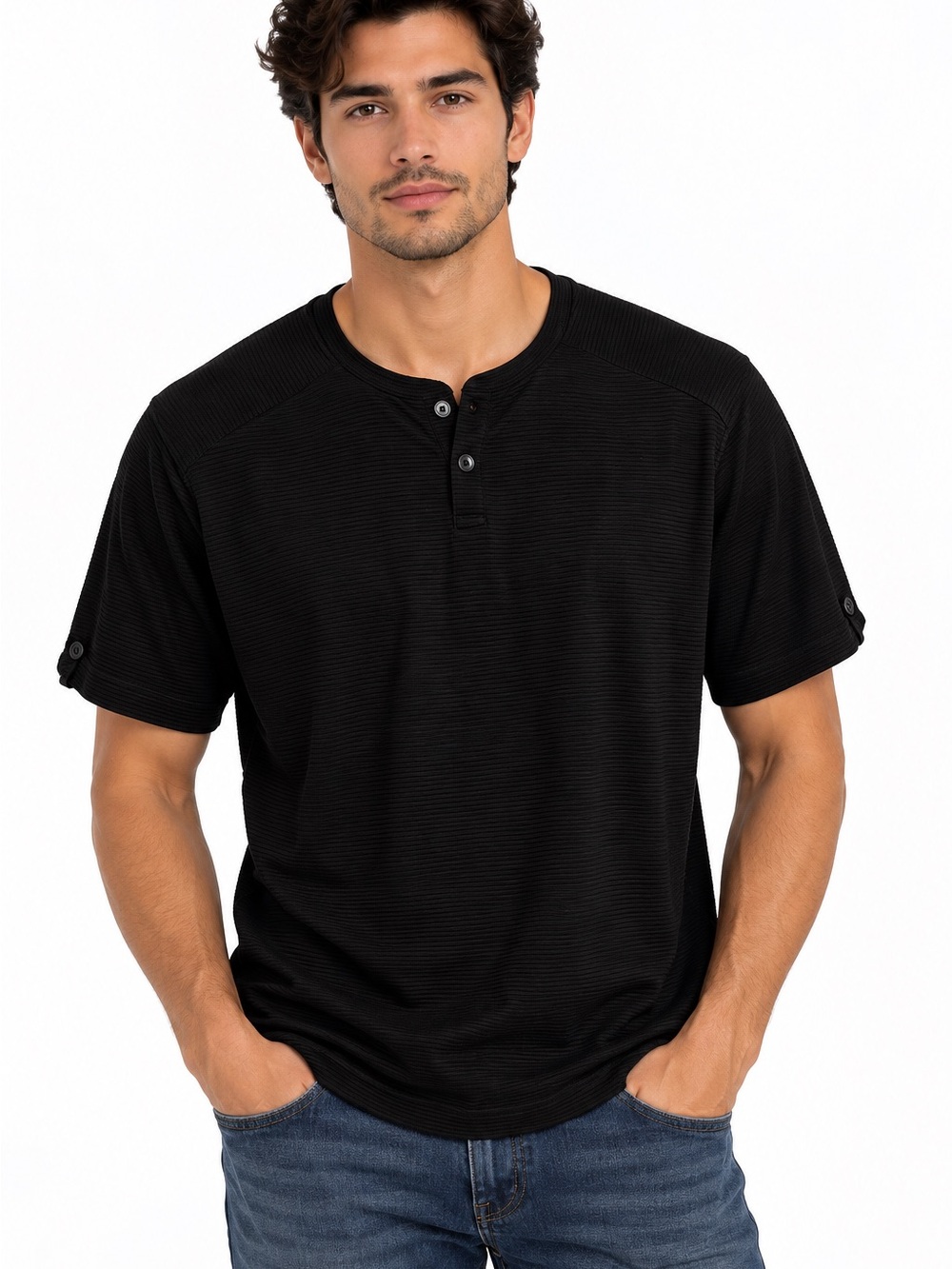 Kenneth Cole New York Men’s Small Black Textured Henley Shirt Cotton Blend